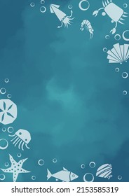 fish, starfish, sand dollar, squid, jellyfish, crab, shrimp and sea shell frame vector for decoration on ocean and seafood concept.