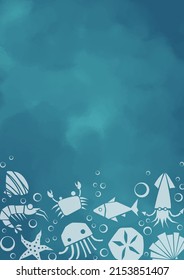 fish, starfish, sand dollar, squid, jellyfish, crab, shrimp and sea shell frame vector for decoration on ocean and seafood concept.