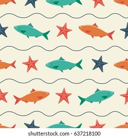 Fish and Starfish Seamless Pattern