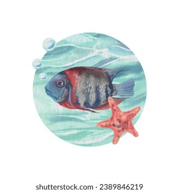 Pescado, pez estrella, burbujas de agua en el fondo del mar. Ilustración vectorial en el estilo acuarela. Etiquetas de comida, tarjetas de felicitación, cubiertas, carteles.
