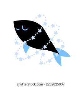 Fish with stars. Celestial mythological fish flying in star light. Cute mystical print, dreaming or sleeping sign, logo, logotype. Isolated vector illustration