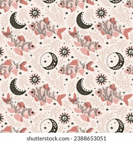 fish and stars, crescent. Seamless pattern. Mystical print design on a pink background. Hand drawn vector illustration.