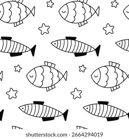 Pescado con estrellas sin patrón. Patrón de doodle de pescado blanco y negro.