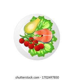 
Carne de pescado, aguacate, tomates y lechuga en un plato blanco sobre un fondo aislado.
Ingredientes para ensalada de pescado.
 Comer sano.
 Ver desde arriba
 Ilustración vectorial de material.