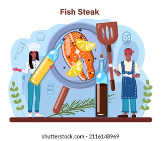 Fish steak. Chef cooking grilled salmon or tuna steak with lemon. Tasty fish fillet for dinner or lunch. Delicious meal on a plate. Flat vector illustration