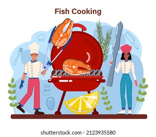 Fish steak. Chef cooking grilled salmon or tuna steak with lemon. Tasty fish fillet for dinner or lunch. Delicious meal on a plate. Flat vector illustration