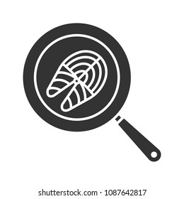 Fish steak frying on kitchen pan glyph icon. Silhouette symbol. Negative space. Vector isolated illustration