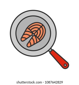 Fish steak frying on kitchen pan color icon. Isolated vector illustration