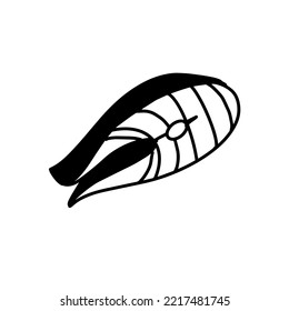 Fish steak. A hand-drawn black and white sketch. Icon. Vector doodle illustration