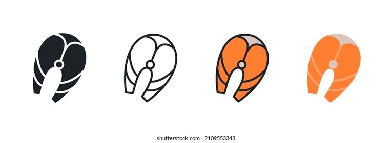 Fish steak icon. Linear flat color icons contour shape outline. Black isolated silhouette. Fill solid icon. Modern glyph design. Set of vector illustrations. Meat products fish, sea food. Marine life