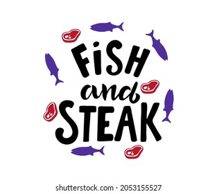 Diseño del logo del pescado y el filete. Grabado a mano, plantilla de banner, placa, logotipo o icono. Diseño de la carta del restaurante.