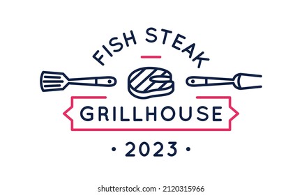Logo del filme de filete de pescado. Icono de filete de pescado fino diseñado para establecimientos alimentarios relacionados con el marisco. Ilustración del vector	
