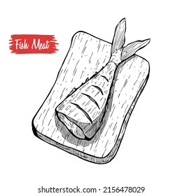 fish steak on cutting board hand drawing sketch engraving illustration style