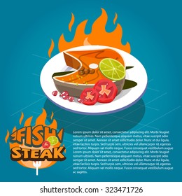 Fish Steak on dish with vegetables. typographic design - vector illustration
