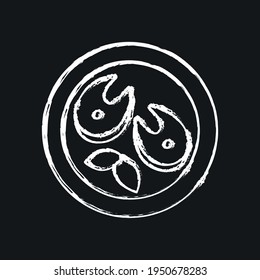 fish steak on a plate chalk icon. Mediterranean cuisine. Thin line customizable illustration. Contour symbol. Vector isolated outline drawing. 
