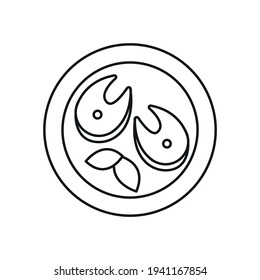 fish steak on a plate linear icon. Vegetarian food. Mediterranean cuisine. Thin line customizable illustration. Contour symbol. Vector isolated outline drawing. Editable stroke