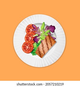 Fish Steak On A Plate With A Vegetable Side Dish Top View. Cooked Salmon Filet Served On The Table. Vector Illustration In Cartoon Style.