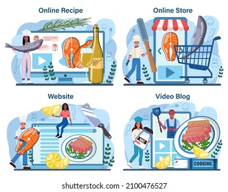 Fish steak online service or platform set. Chef cooking grilled salmon or tuna steak with lemon. Tasty fish fillet for dinner. Online recipe, store, video blog, website. Flat vector illustration