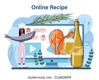 Fish steak online service or platform. Chef cooking grilled salmon or tuna steak with lemon. Tasty fish fillet for dinner. Online recipe. Flat vector illustration