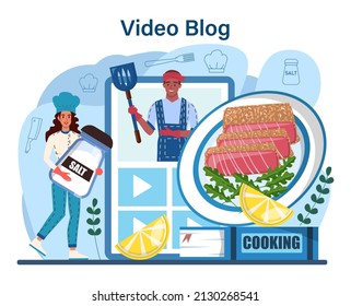 Fish steak online service or platform. Chef cooking grilled salmon or tuna steak with lemon. Tasty fish fillet for dinner. Video blog. Flat vector illustration