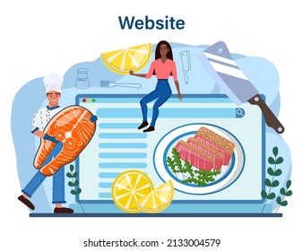 Fish steak online service or platform. Chef cooking grilled salmon or tuna steak with lemon. Tasty fish fillet for dinner. Website. Flat vector illustration