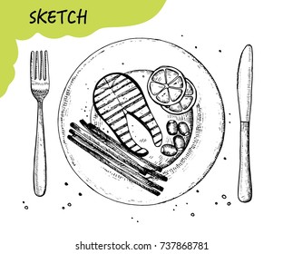 fish steak a plate sketch vector. fork and knife cutlery. hand drawing isolated on white background