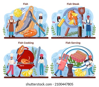 Filete de pescado. Chef cocinando salmón a la parrilla o filete de atún con limón. Delicioso filete de pescado para la cena o el almuerzo. Deliciosa comida en un plato. Ilustración vectorial plana