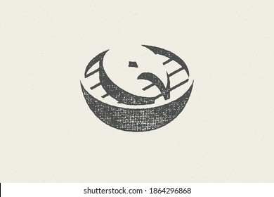 Fish steak silhouette on grill for restaurant and food service hand drawn stamp effect vector illustration. Vintage grunge texture emblem for package and menu design or label decoration.