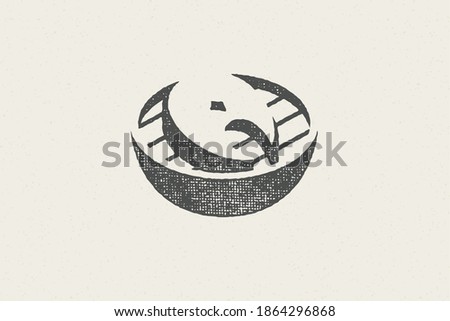 Fish steak silhouette on grill for restaurant and food service hand drawn stamp effect vector illustration. Vintage grunge texture emblem for package and menu design or label decoration.
