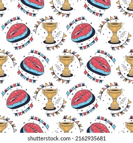 Fischsteak und Trophy-Tasse. Nahtloses Muster auf weißem Hintergrund. Cute Vektorgrafik.