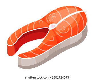 Fish steak vector. Salmon steak isolated on white background. Slice of fresh fish fillet sushi ingredient. Large fish meat delicacy. Seafood for a healthy diet. A piece of meat of red salmon fish