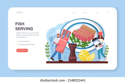 Fish steak web banner or landing page. Chef cooking grilled salmon or tuna steak with lemon. Tasty fish fillet for dinner or lunch. Delicious meal on a plate. Flat vector illustration