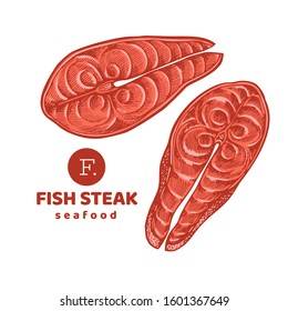 Fish steaks colored illustrations. Hand drawn vector seafood illustration. Engraved style. Retro food, piece of salmon or trout