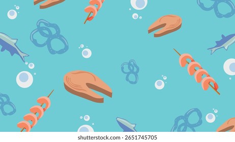 Bifes de peixe, espetinhos de camarão e bolhas flutuam contra um fundo azul brilhante do mar, perfeito para projetos de alimentos ou marca de frutos do mar.