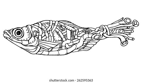 Fish steam punk - drawn vector illustration, isolated on white, stylized engraving