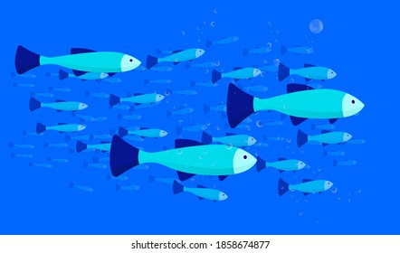 Fish steam vector illustration - Fishes swimming in the same direction under water in blue sea.