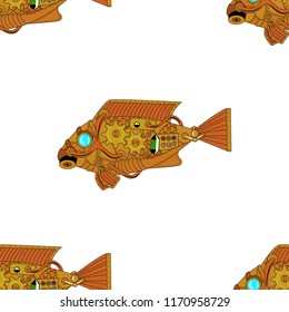 fish in steampunk style, vector isolated on white background, Pattern