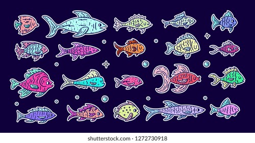 Fish sticker pack. Doodle style clipart collection. Vector illustration