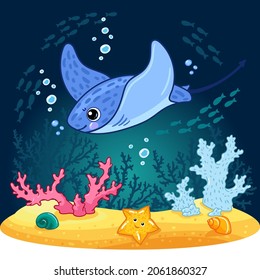 Fish stingray. Drawn cute vector illustration in cartoon style for kids. Coral reef. Underwater world.