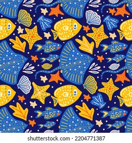 Fish stingray summer seamless vector pattern. Kid cartoon cute background.