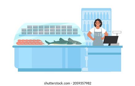 Fish store, flat vector illustration. Saleswoman standing at display fridge counter with fresh and tinned fish. Fishmonger shop, market. Supermarket, grocery store seafood section, department.