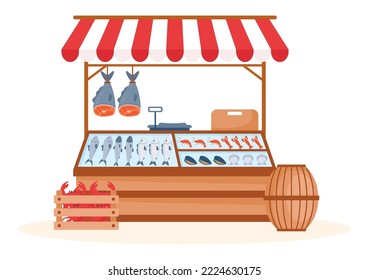 Fish Store to Market Various Fresh and Hygienic Products Seafood in Flat Cartoon Hand Drawn Templates Illustration