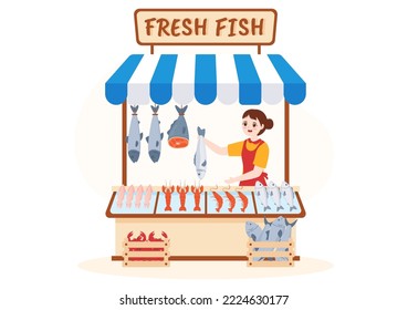 Fish Store to Market Various Fresh and Hygienic Products Seafood in Flat Cartoon Hand Drawn Templates Illustration