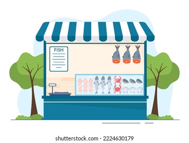 Fish Store to Market Various Fresh and Hygienic Products Seafood in Flat Cartoon Hand Drawn Templates Illustration