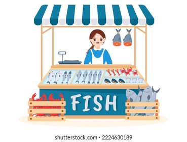 Fish Store to Market Various Fresh and Hygienic Products Seafood in Flat Cartoon Hand Drawn Templates Illustration