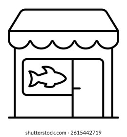 Fish store thin line icon, fishery product sale concept. Vector graphics. Shop house with fish, building sign on white background, linear style for mobile or design