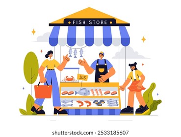 Fish Store Vector Illustration featuring a Variety of Fresh and Hygienic Marine Seafood Products in a Flat Style Cartoon Background