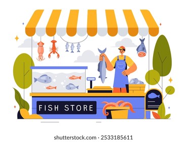 Fish Store Vector Illustration featuring a Variety of Fresh and Hygienic Marine Seafood Products in a Flat Style Cartoon Background