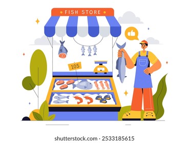 Fish Store Vector Illustration featuring a Variety of Fresh and Hygienic Marine Seafood Products in a Flat Style Cartoon Background