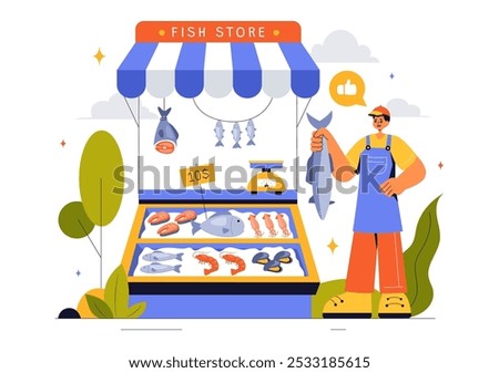 Fish Store Vector Illustration featuring a Variety of Fresh and Hygienic Marine Seafood Products in a Flat Style Cartoon Background